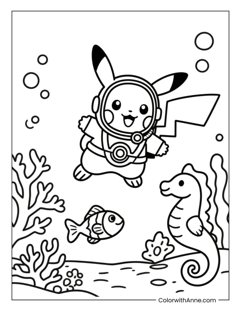 Underwater Pikachu Adventure Coloring Page