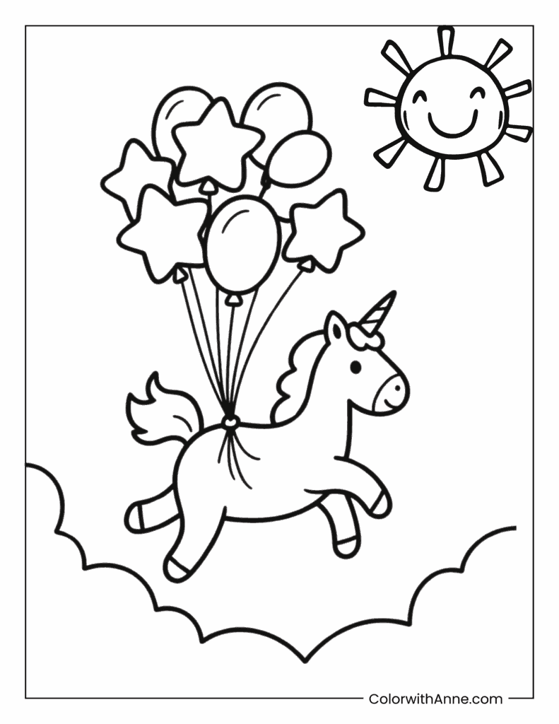 Unicorn Balloon Ride Coloring Page