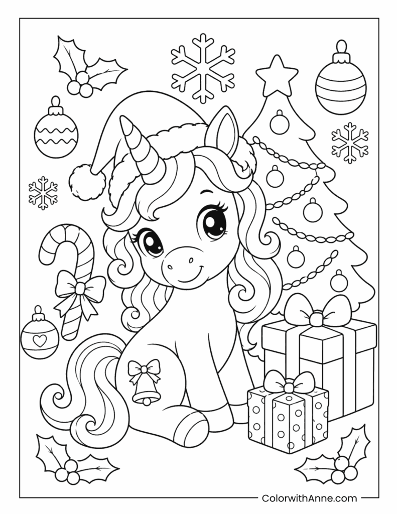 Unicorn Beside Christmas Tree Coloring Page