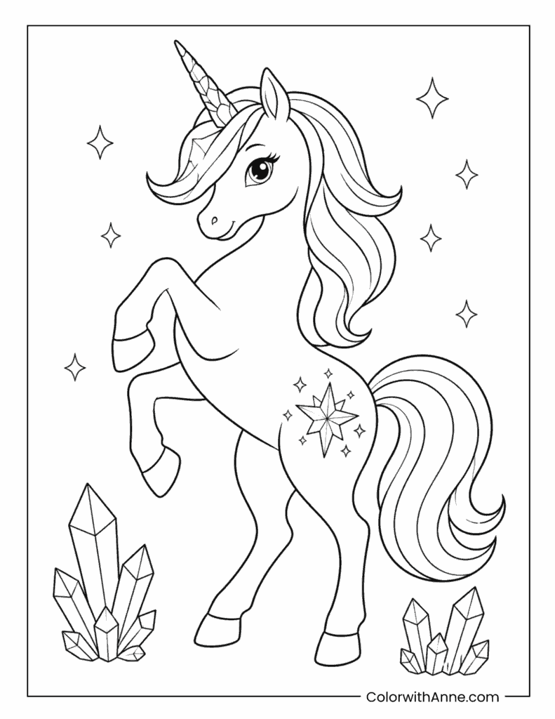 Unicorn Beside Crystal Rocks Coloring Page