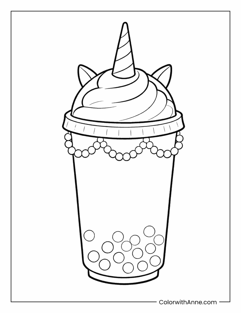 Unicorn Boba Cup with Magical Cream Topping Coloring Page