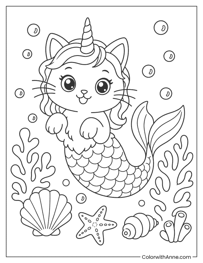 Unicorn Cat Mermaid Coloring Page