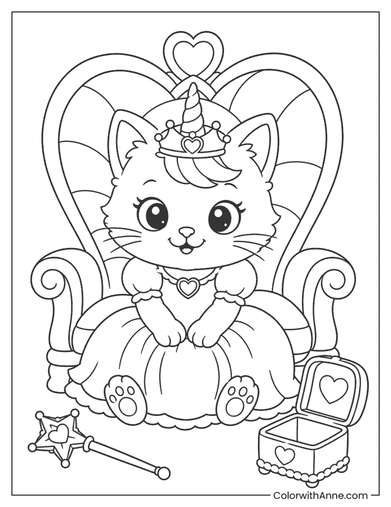 Unicorn Cat Princess Coloring Page
