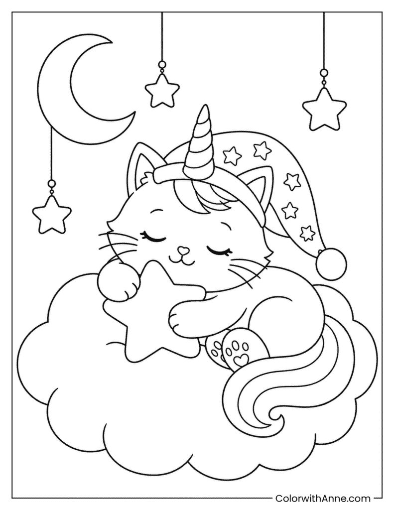 Unicorn Cat Sleeping on a Cloud Coloring Page