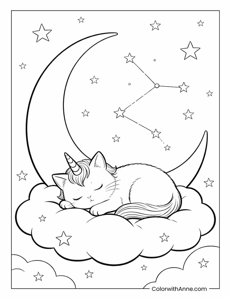 Unicorn Cat Sleeping on a Cloud Moon Coloring Page