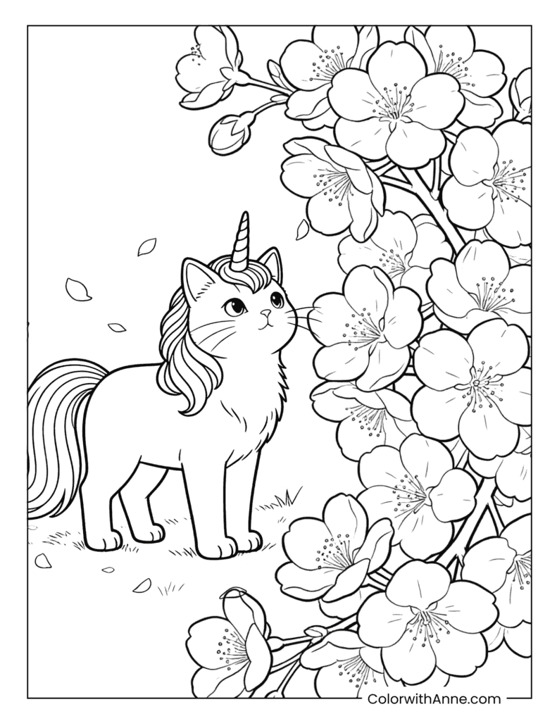 Unicorn Cat Sniffing a Flower in the Meadow Coloring Page