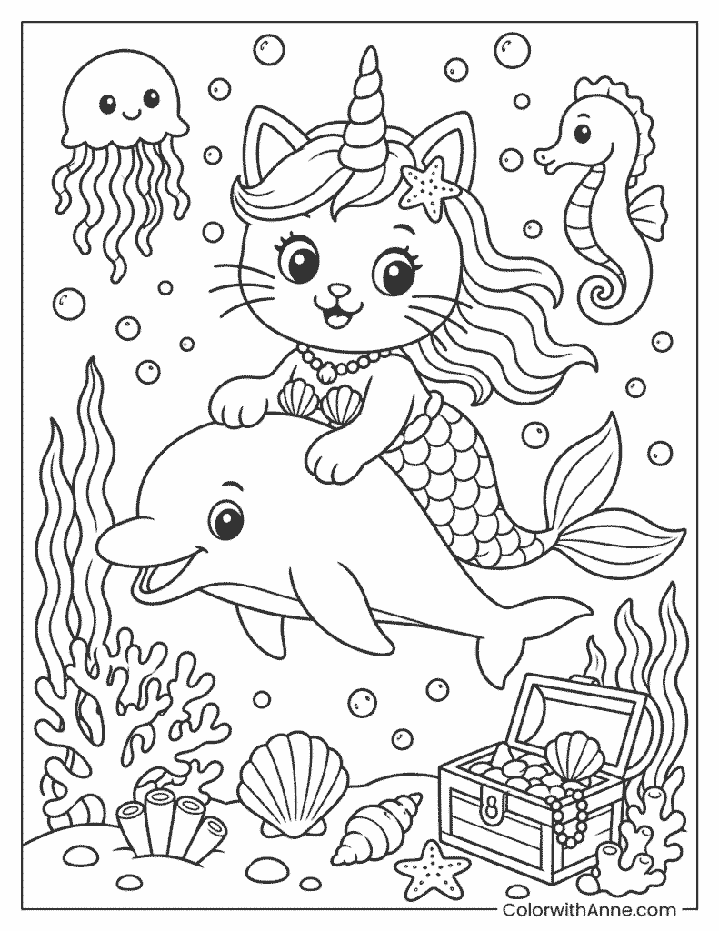 Unicorn Cat Under the Sea Coloring Page