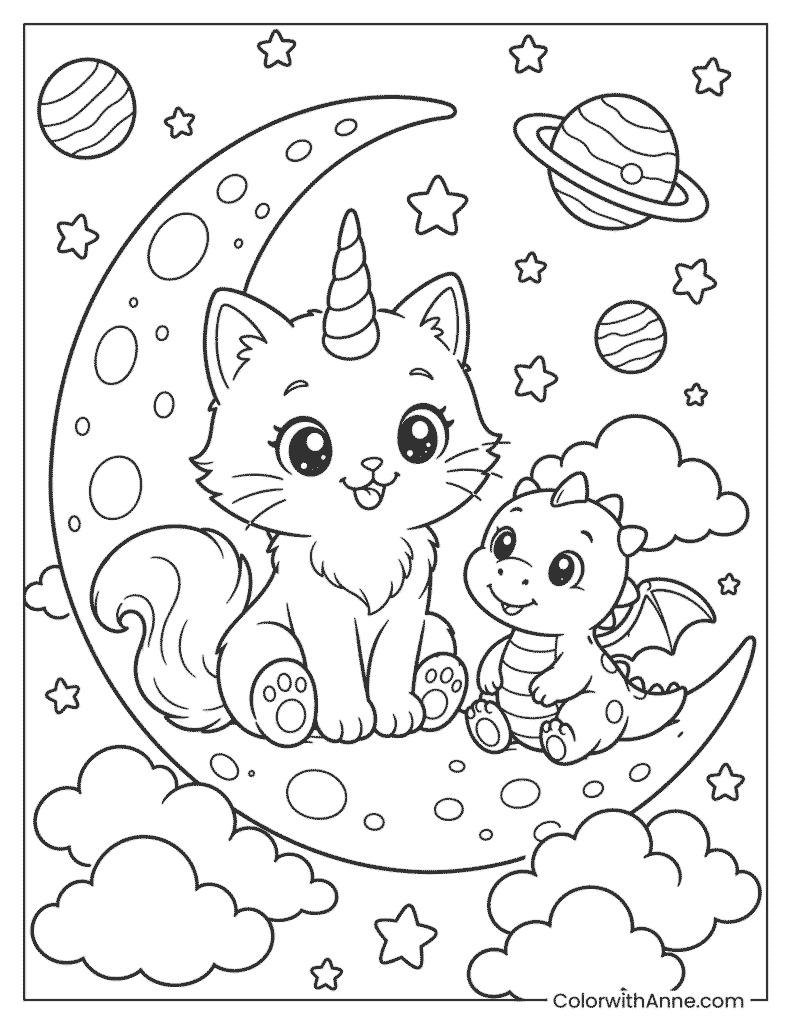 Unicorn Cat and the Moon Dragon Coloring Page