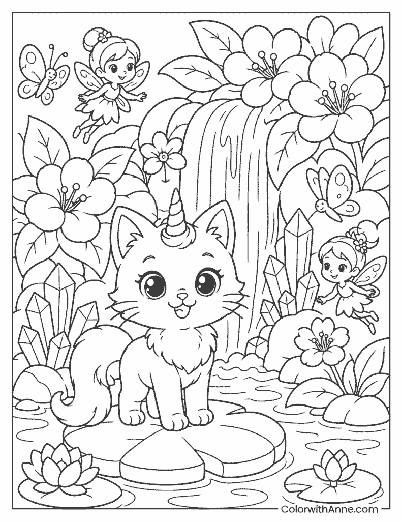 Unicorn Cat at the Fairy Waterfall Coloring Page