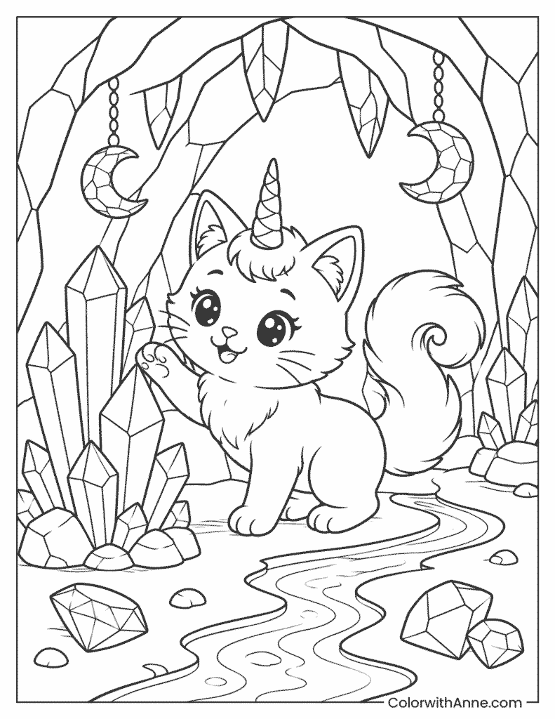 Unicorn Cat in a Crystal Cave Coloring Page