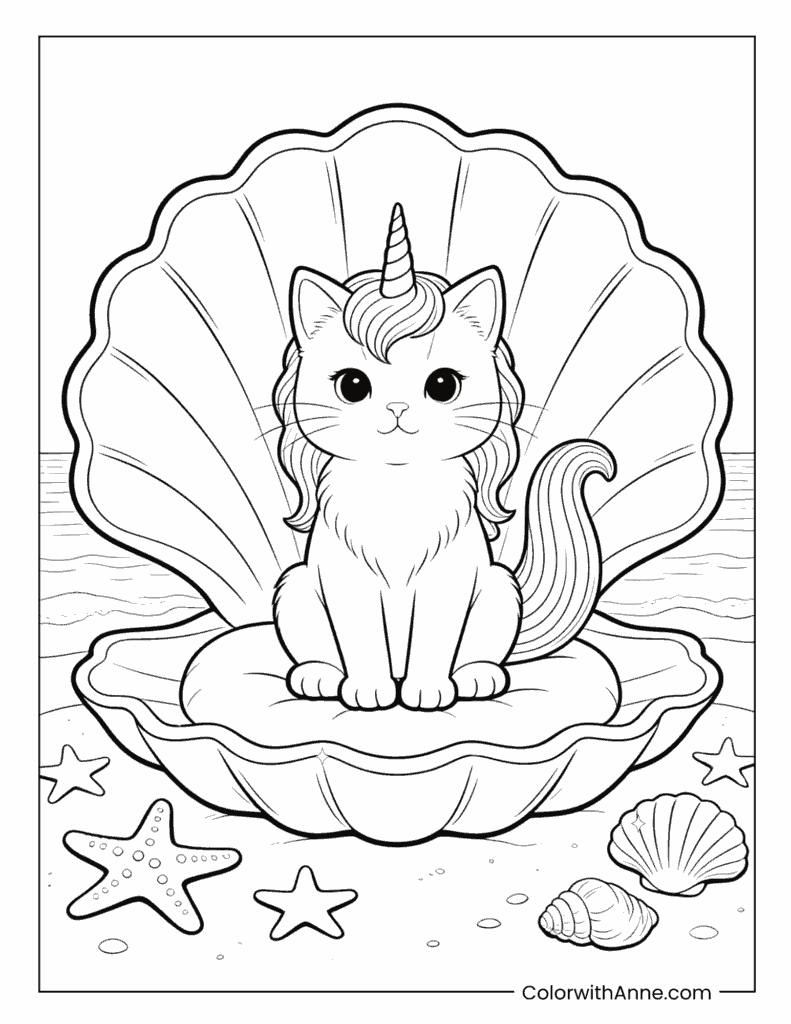 Unicorn Cat in a Giant Seashell Throne Beach Coloring Page