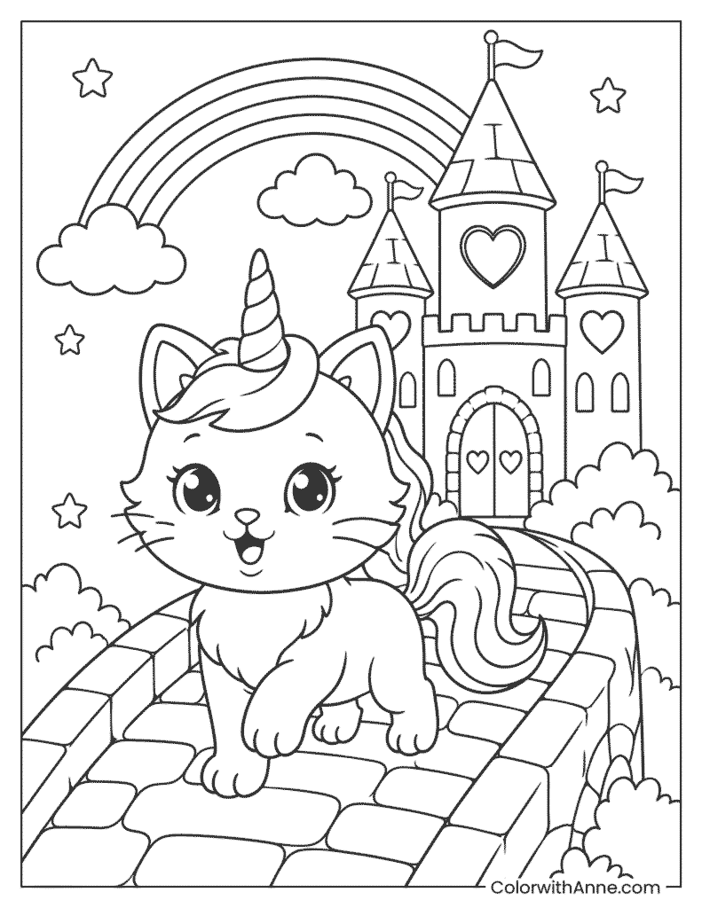 Unicorn Cat in a Magic Castle Coloring Page