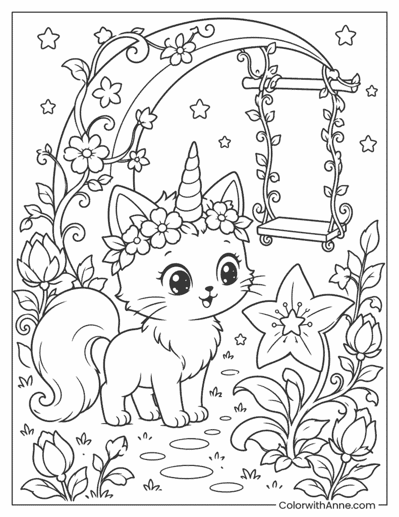 Unicorn Cat in the Secret Moon Garden Coloring Page