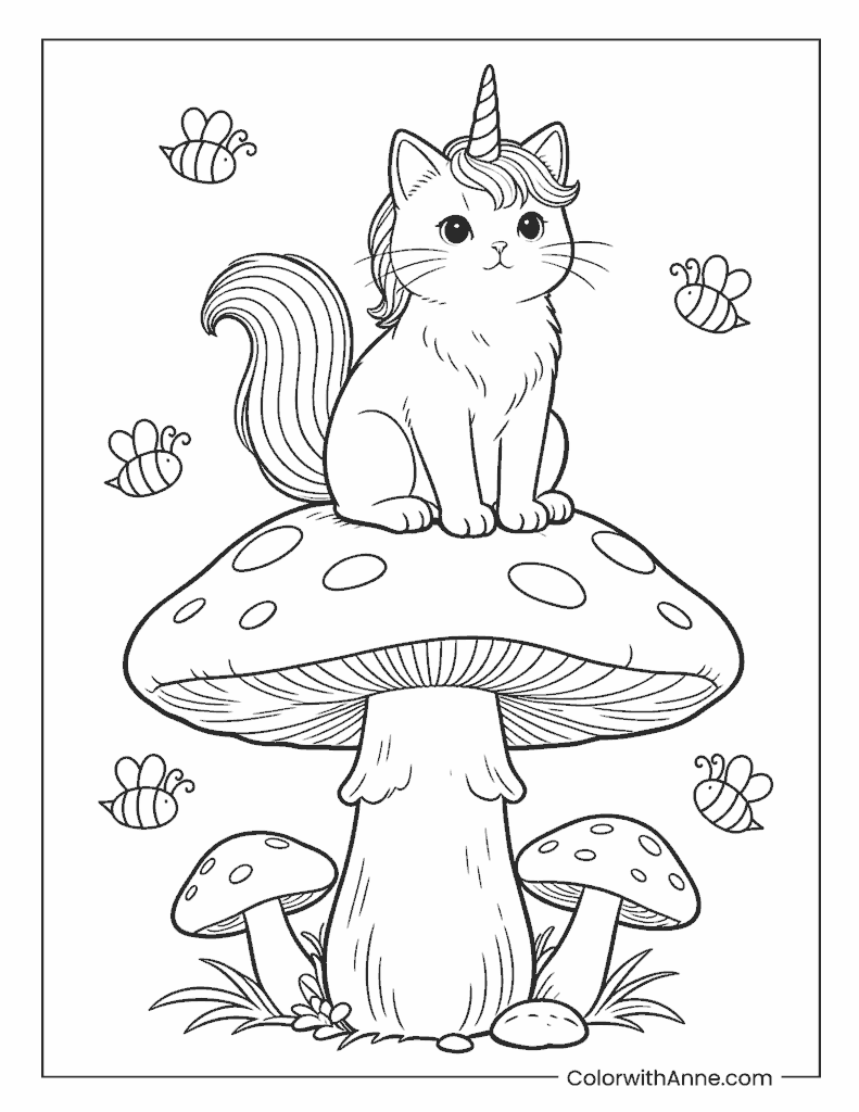Unicorn Cat on a Giant Spotted Mushroom with Bees Coloring Page