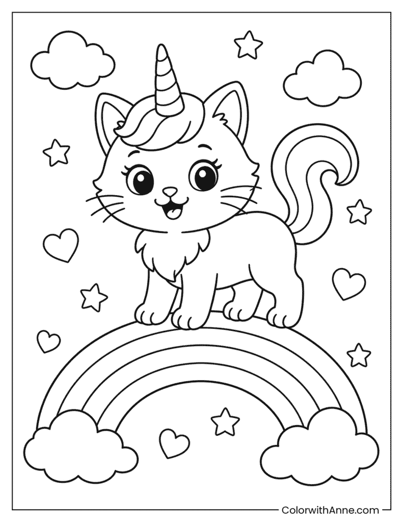 Unicorn Cat on a Rainbow Coloring Page