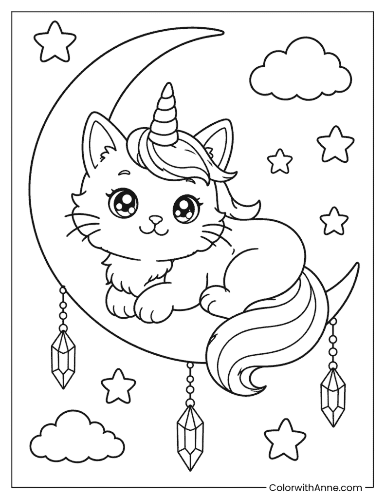 Unicorn Cat on the Moon Coloring Page