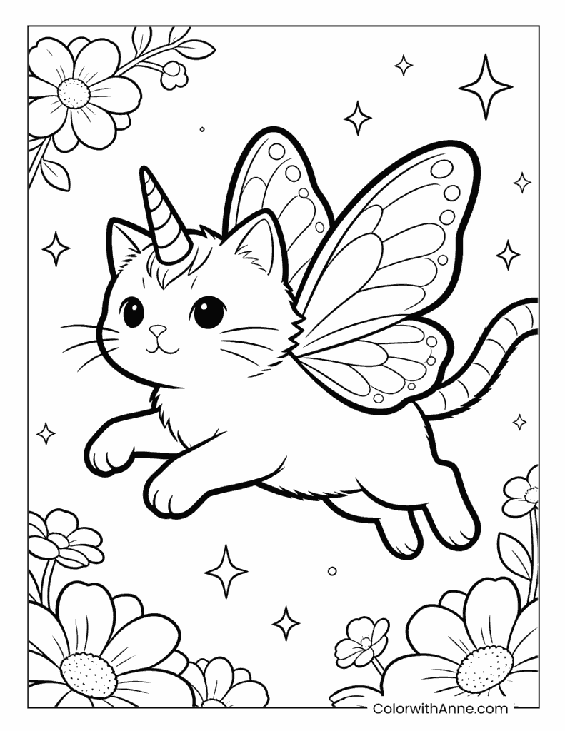 Unicorn Cat with Butterfly Wings Leaping Among Flowers Coloring Page