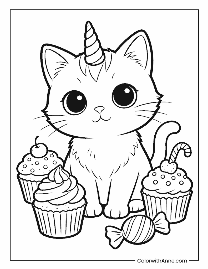 Unicorn Cat with Cupcakes and Candy Sweet Treats Coloring Page