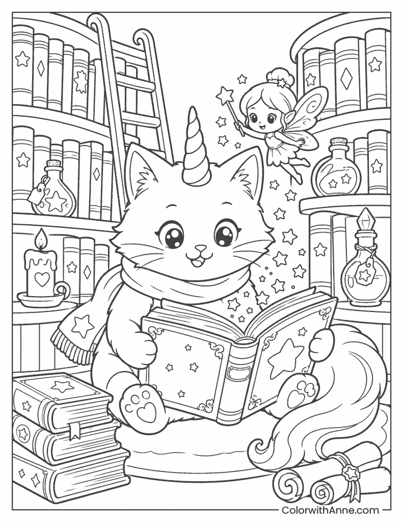Unicorn Cat's Magical Bookshop Coloring Page