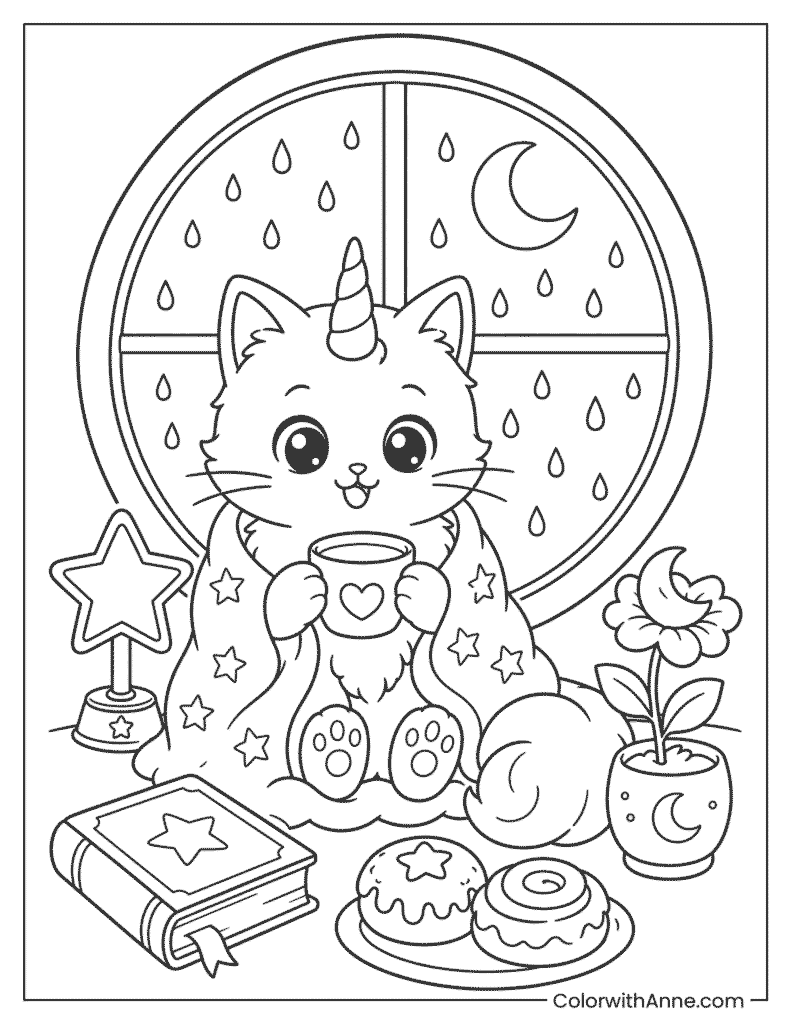 Unicorn Cat's Rainy Night Tea Coloring Page