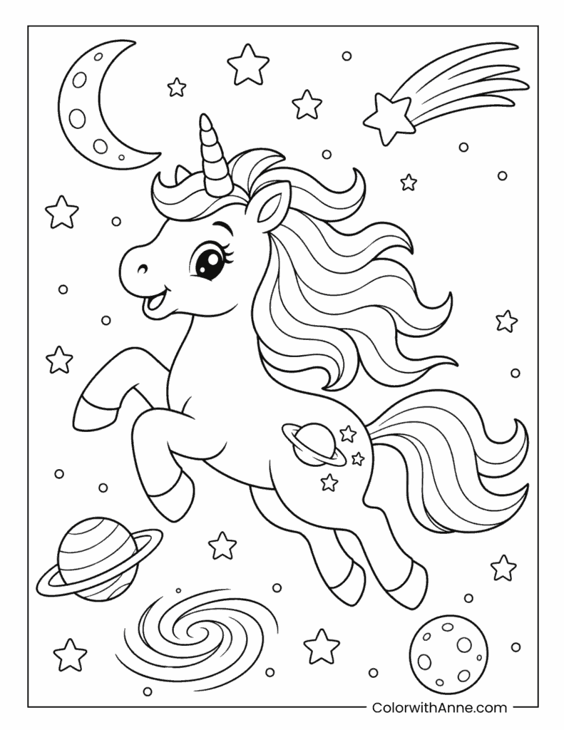 Unicorn Flying Among Planets Coloring Page