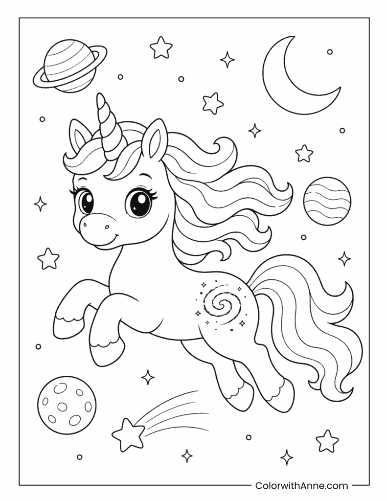 Unicorn Flying Through Space Coloring Page