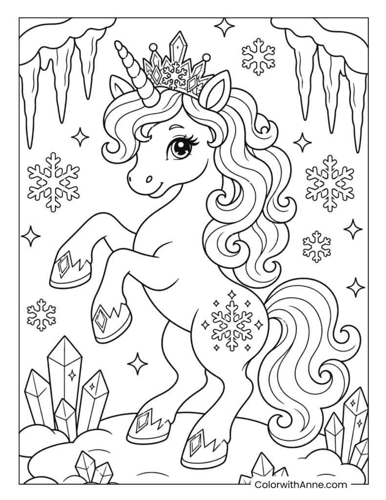 Unicorn In Crystal Ice Cave Coloring Page