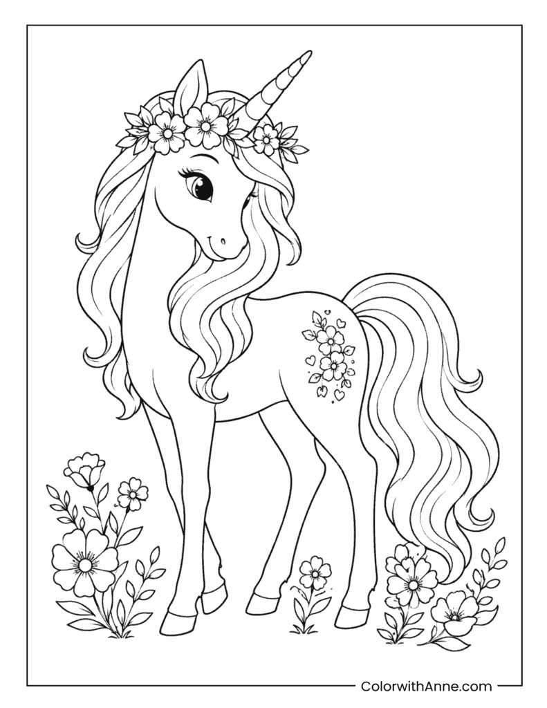Unicorn Portrait Among Flowers Coloring Page