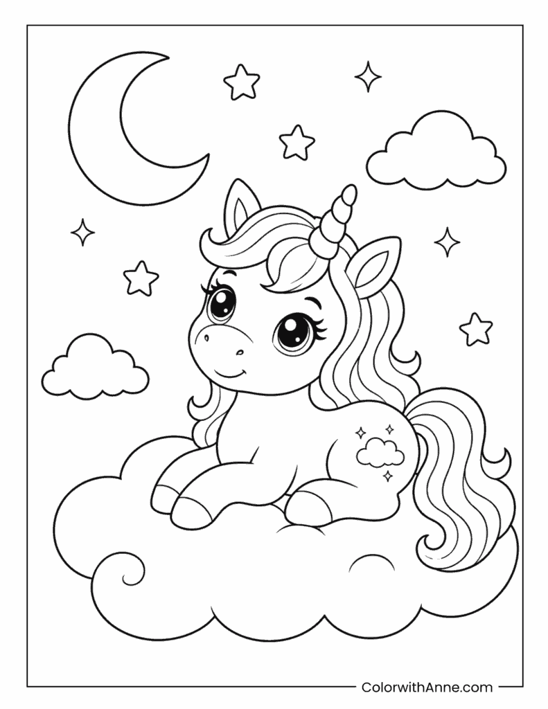 Unicorn Resting On Cloud Coloring Page