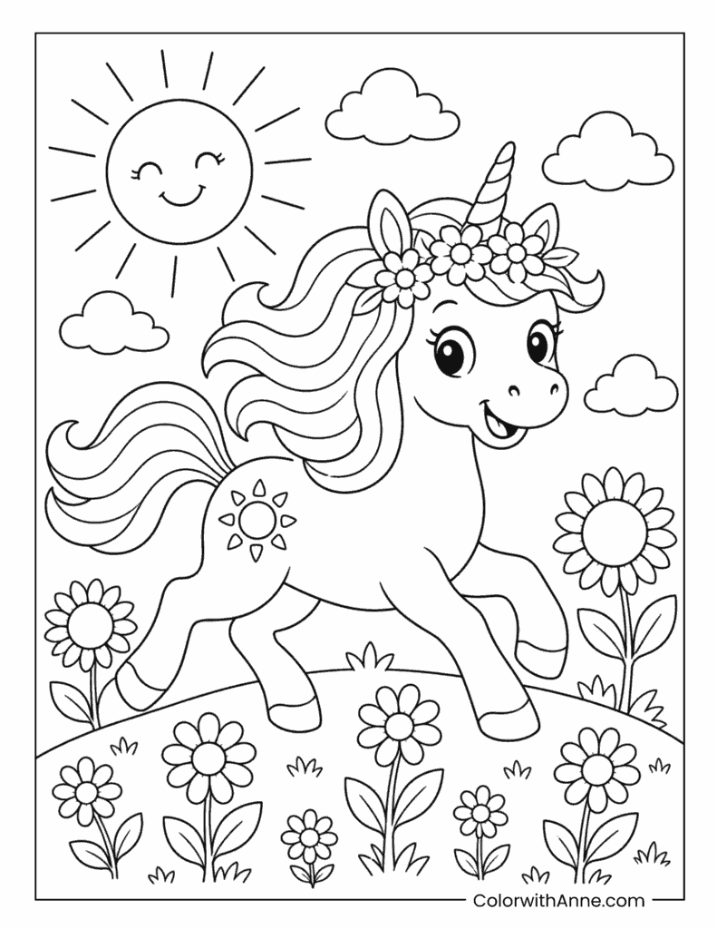 Unicorn Running Through Meadow Coloring Page