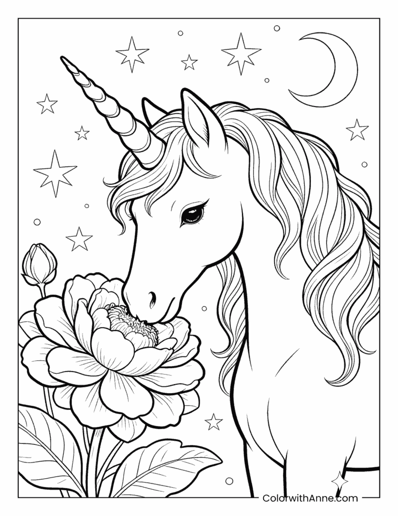 Unicorn Sniffing a Flower Under a Crescent Moon Coloring Page