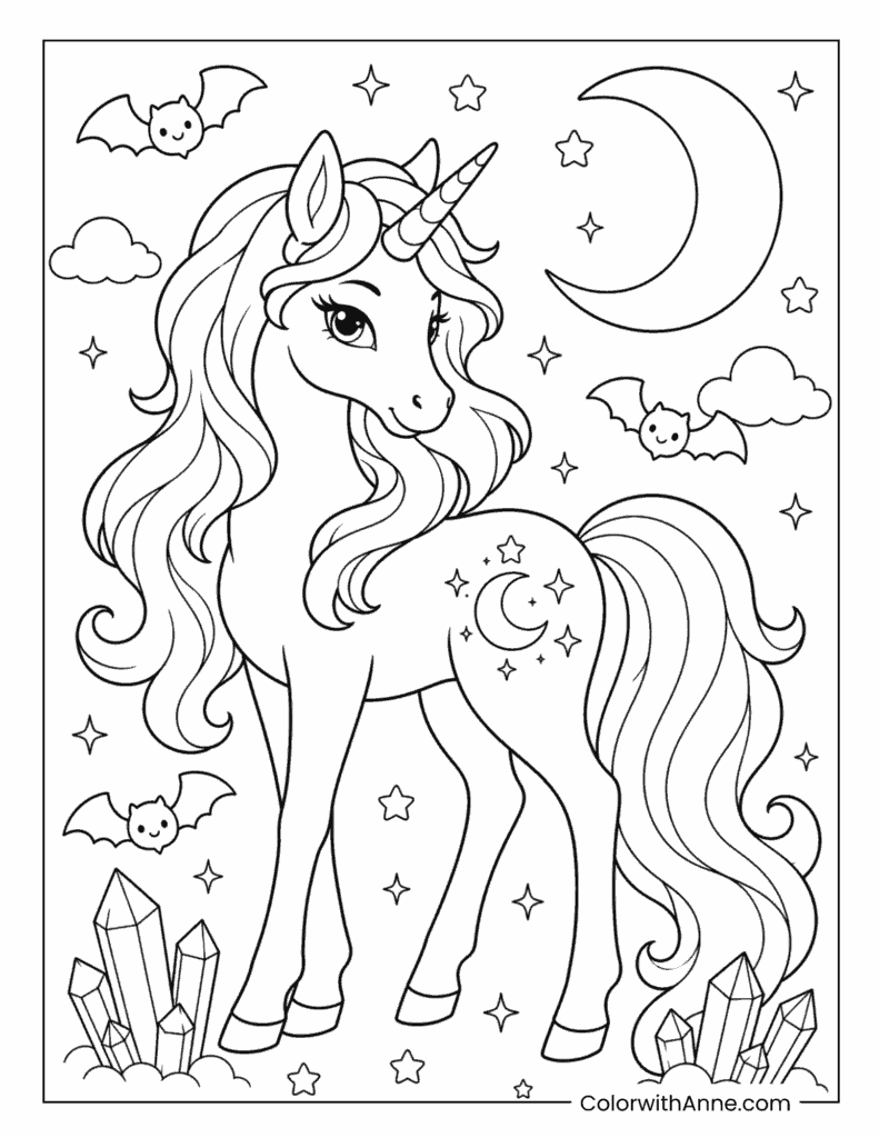 Unicorn Under Moon With Bats Coloring Page