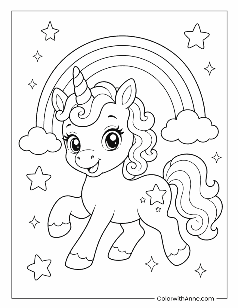 Unicorn Under Rainbow And Stars Coloring Page