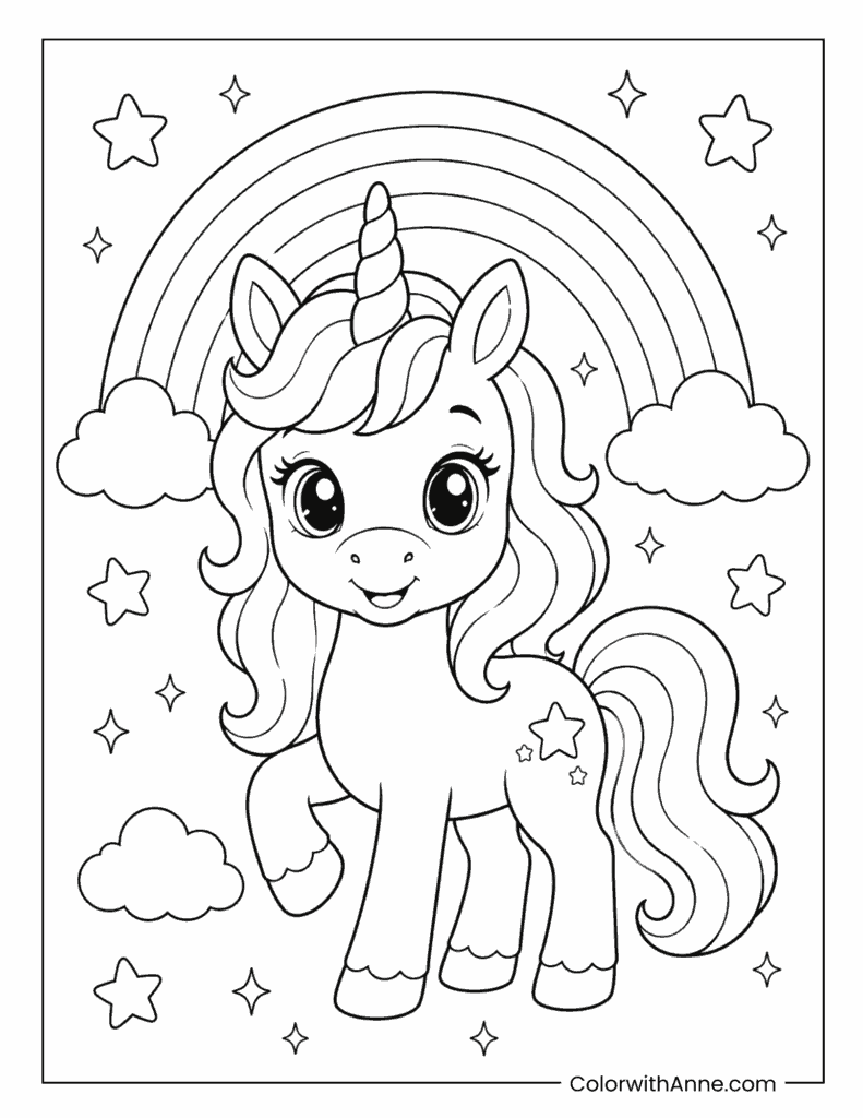 Unicorn Under Rainbow Coloring Page