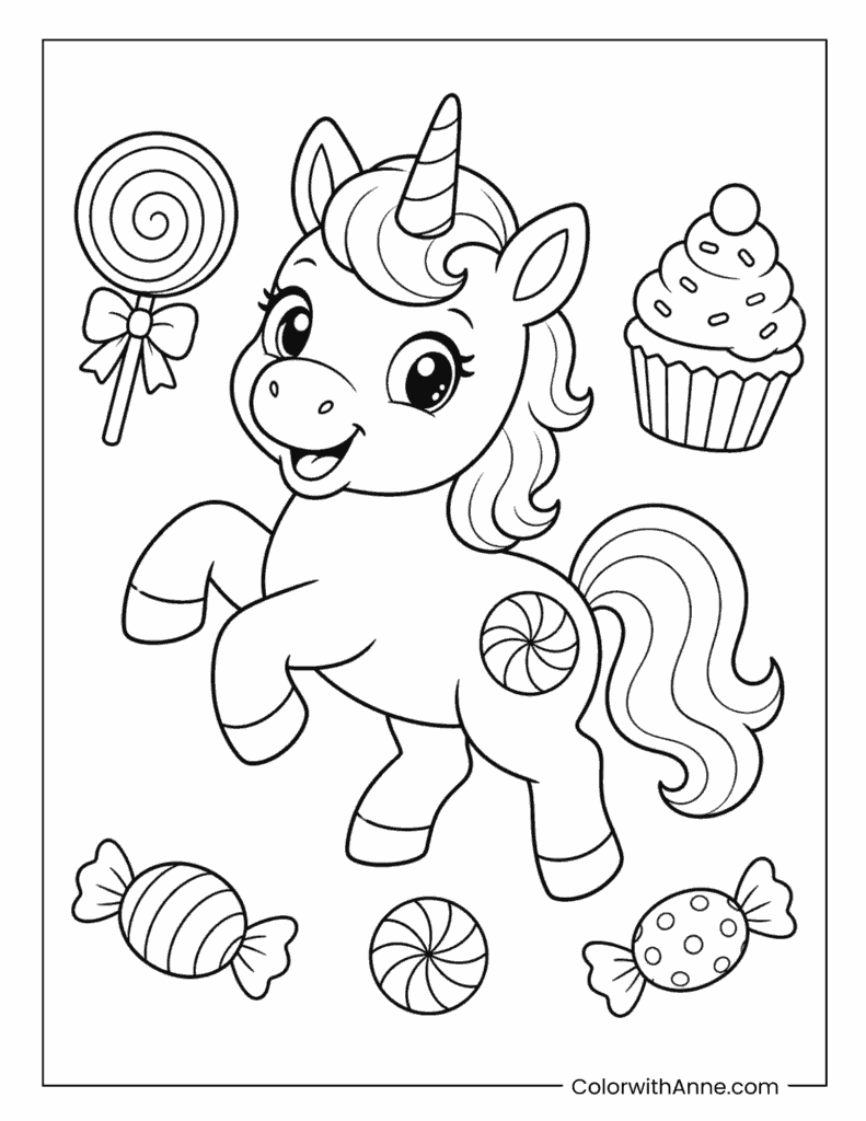 Unicorn With Candy And Cupcake Coloring Page