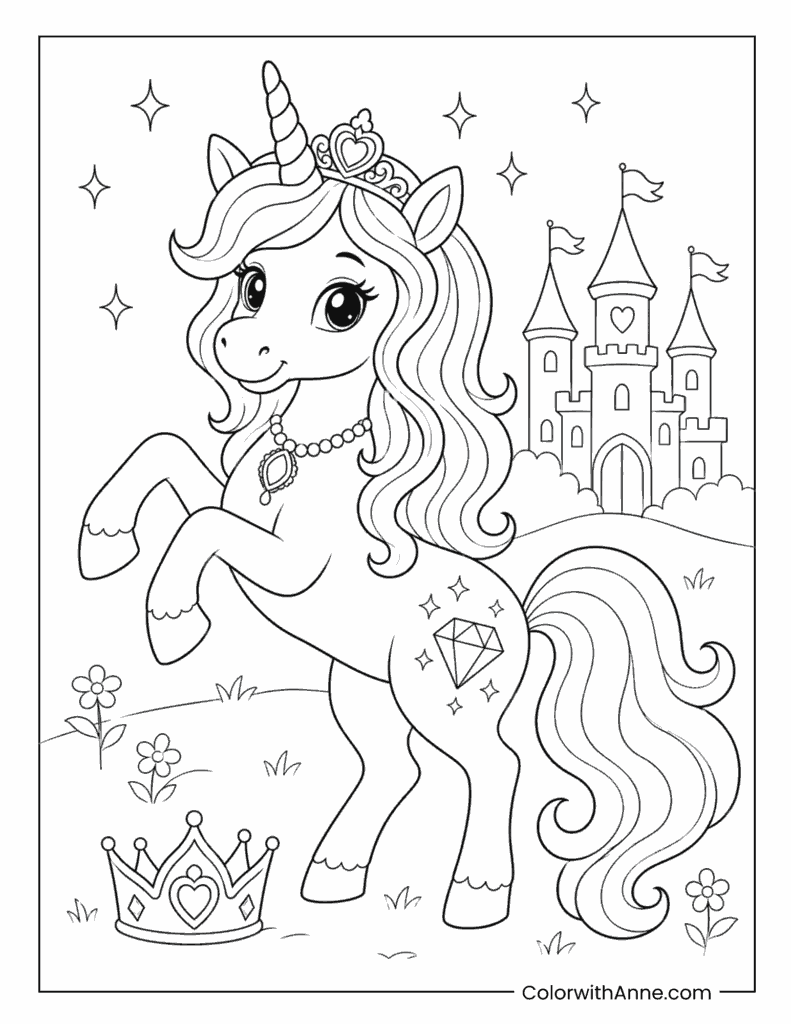 Unicorn With Crown And Castle Coloring Page