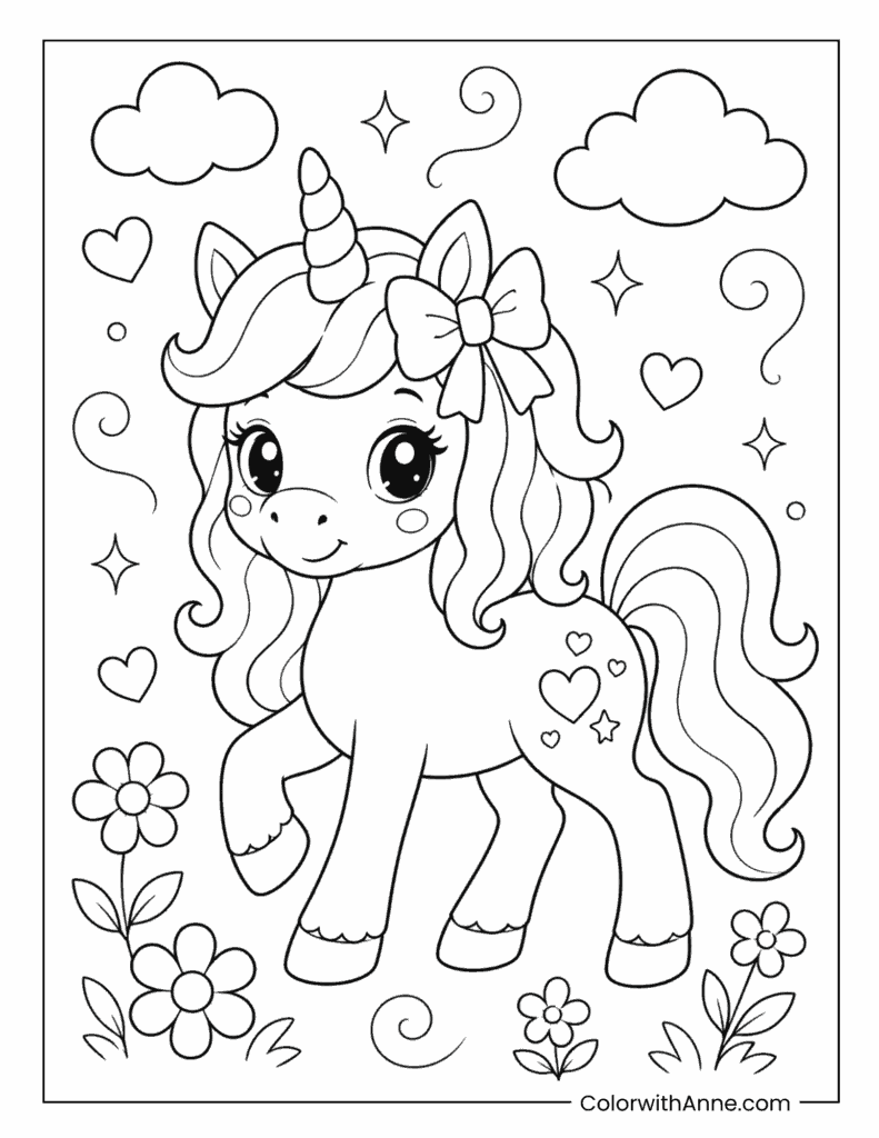 Unicorn With Flowers And Hearts Coloring Page