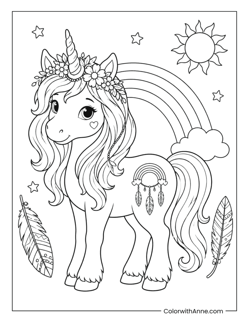 Unicorn With Rainbow Dreamcatcher Coloring Page