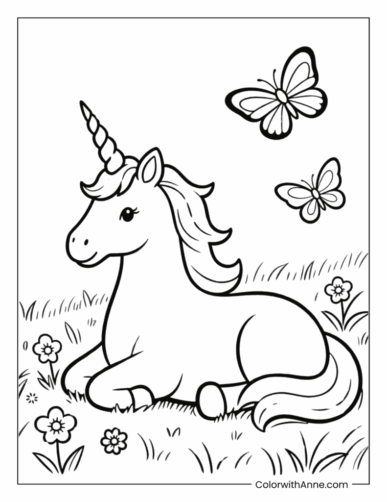 Unicorn and Butterflies Coloring Page