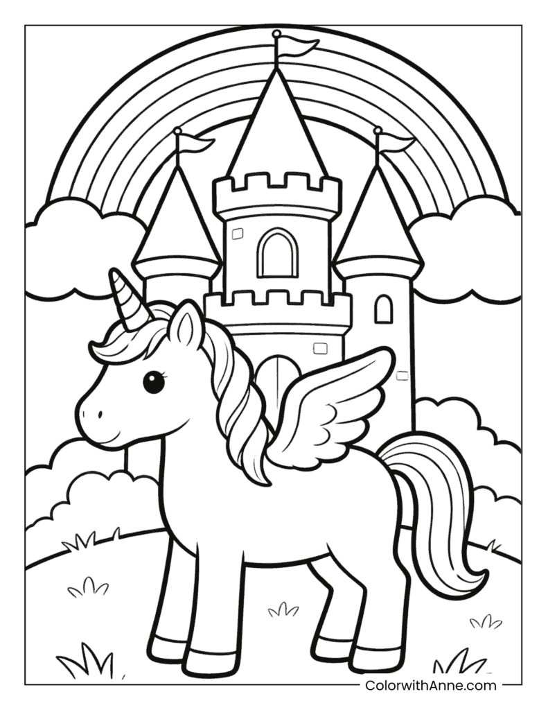 Unicorn with a Castle and a Rainbow Coloring Page