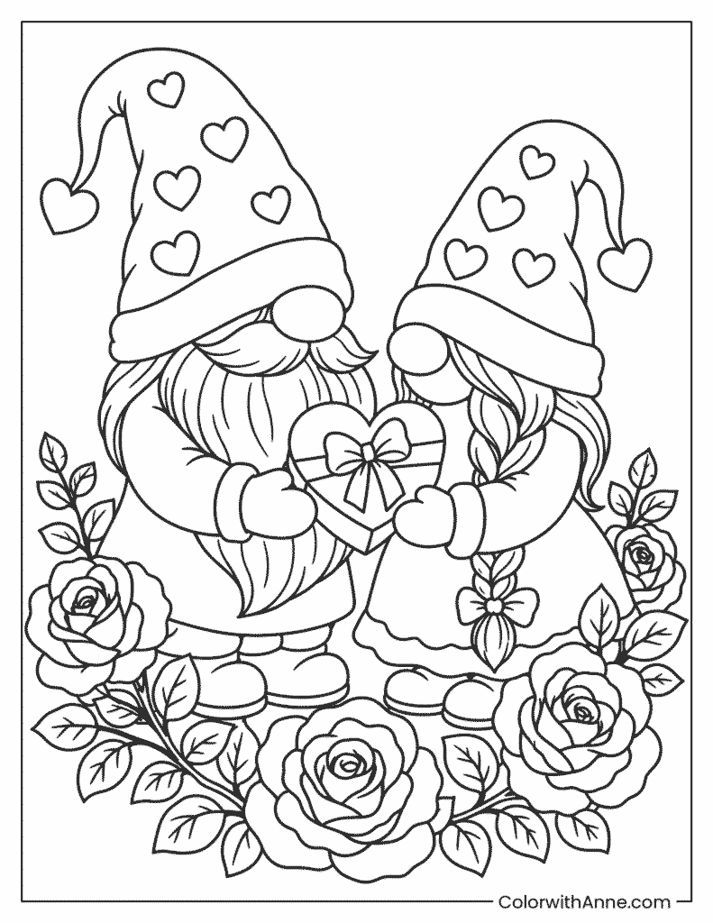 Valentine Gnome Couple Coloring Page