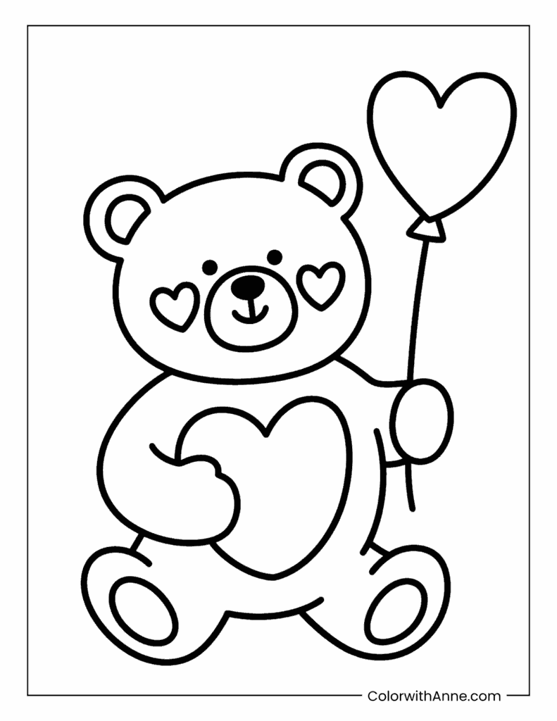 Valentine’s Bear with Hearts Coloring Page