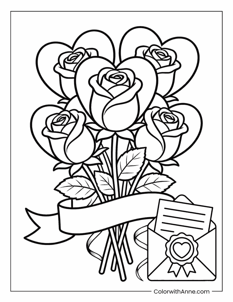 Valentine's Day Bouquet of Roses with a Love Letter Coloring Page