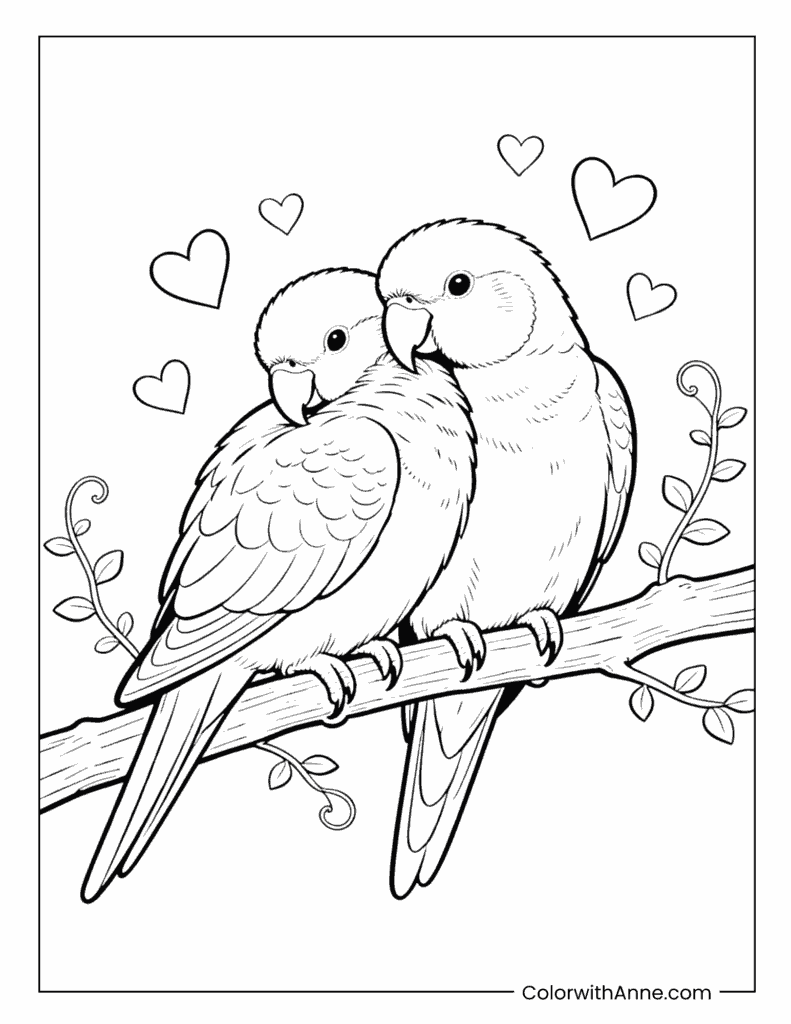 Valentine’s Day Love Parrots on a Branch Coloring Page