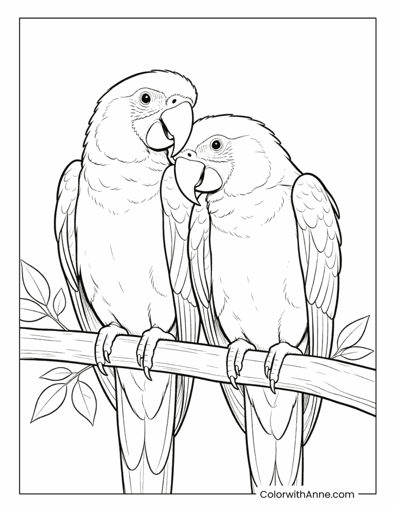 Valentine’s Day Macaw Couple on a Branch Coloring Page