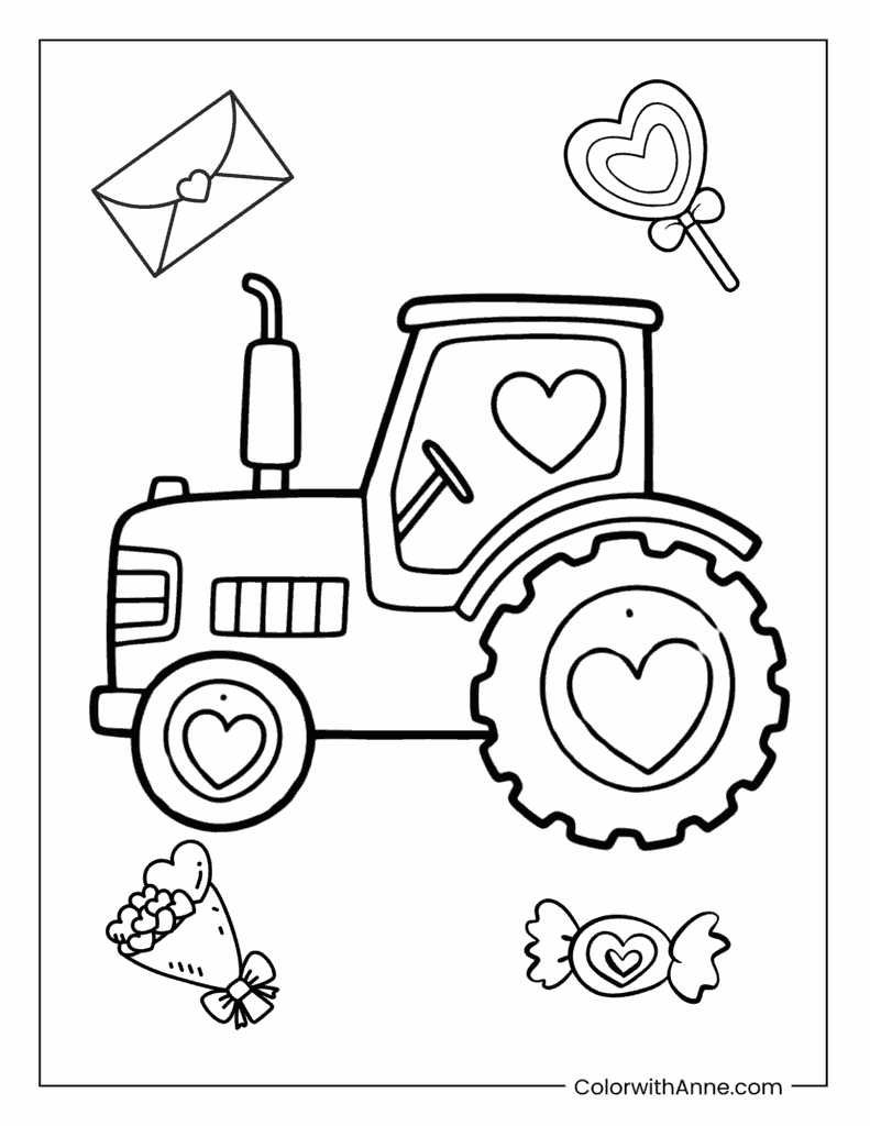 Valentine’s Day Tractor Coloring Page