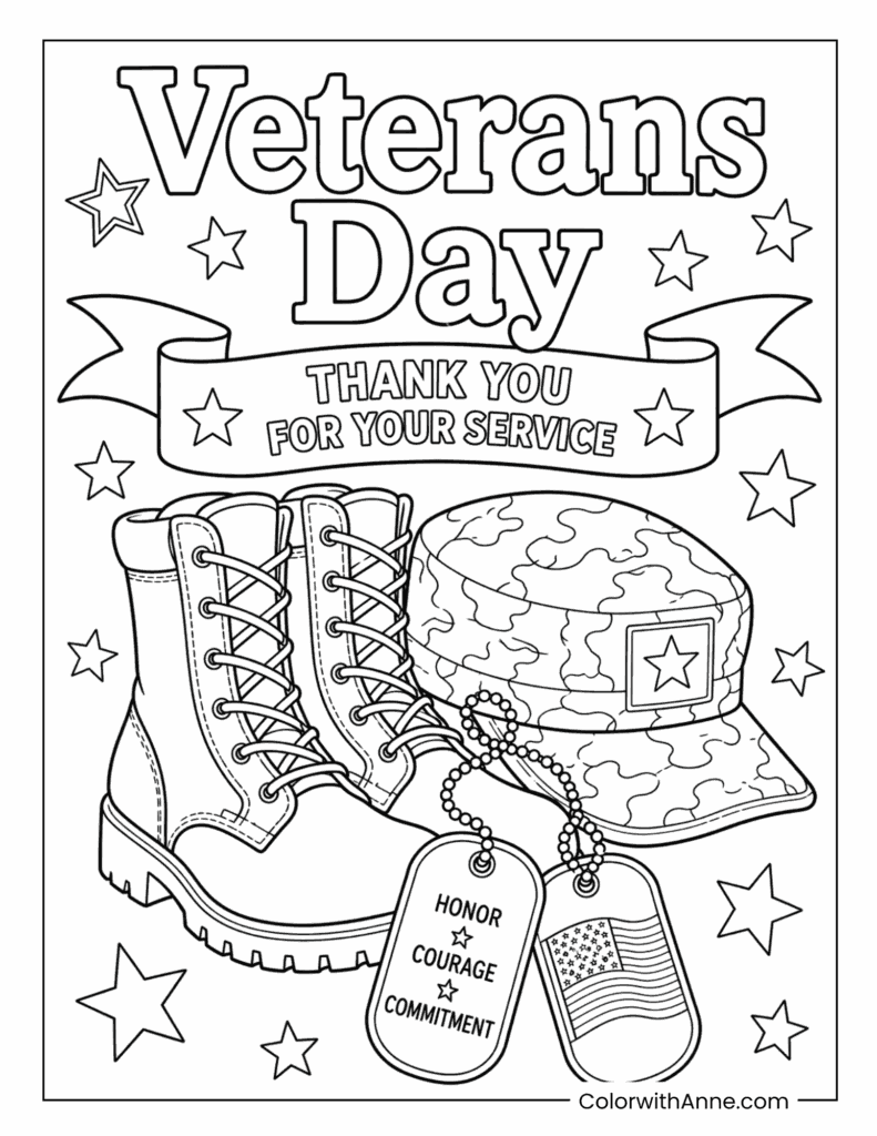 Veterans Day Boots Medals And Banner Coloring Page