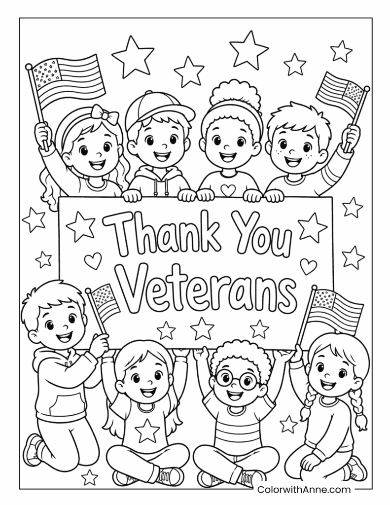 Veterans Day Children Thanking Veterans Coloring Page