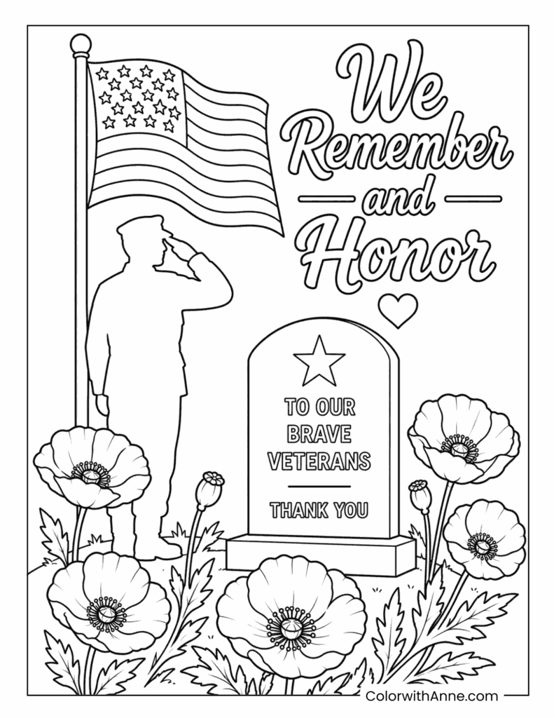 Veterans Day Flag Memorial With Flowers Coloring Page