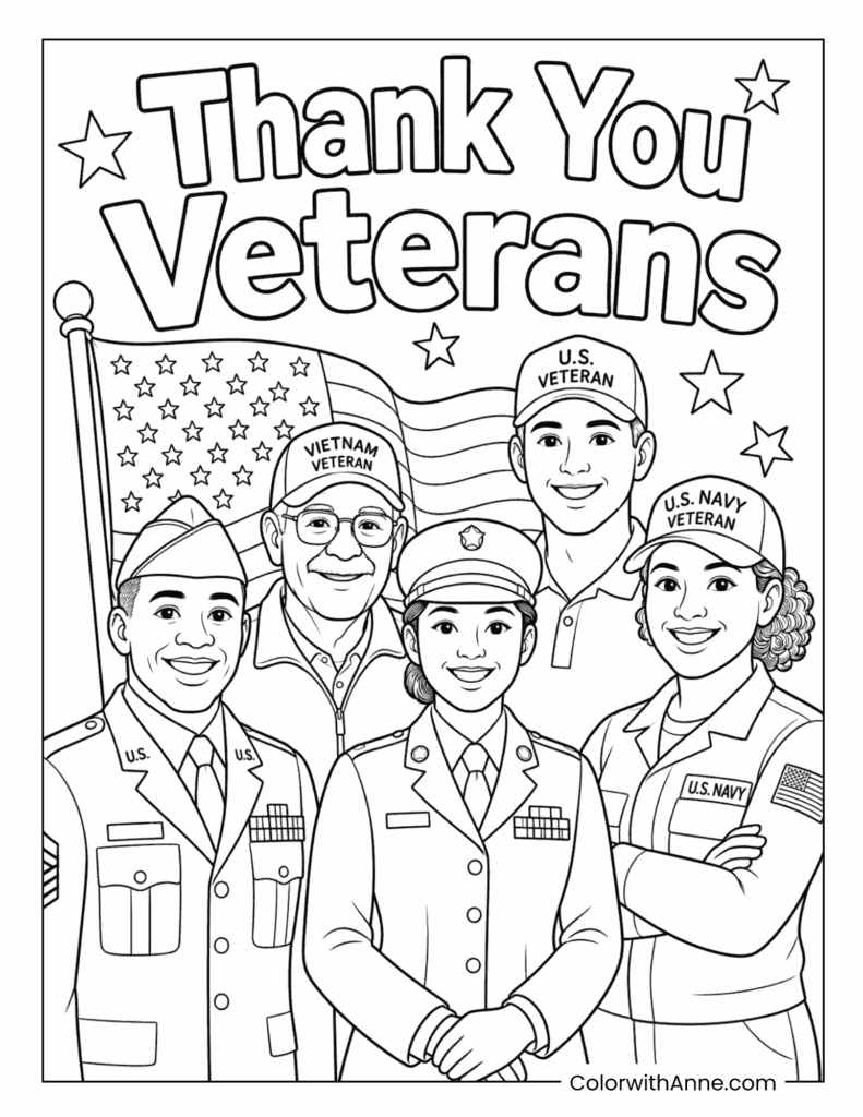 Veterans Day Group Thank You Portrait Coloring Page